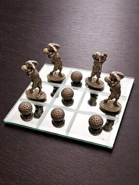 Vintage Golf Tic Tac Toe Game Mirror Board Golfers Metal Pieces 6x6 Decor